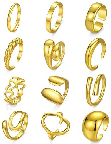 12Pcs Gold Chunky Rings 18K Gold Plated Stackable Open Knuckle Ring Set Hollow Heart Twist Croissant Dome Band Statement Finger Rings for Women Gold Silver Tone Adjustable - color: A-Gold