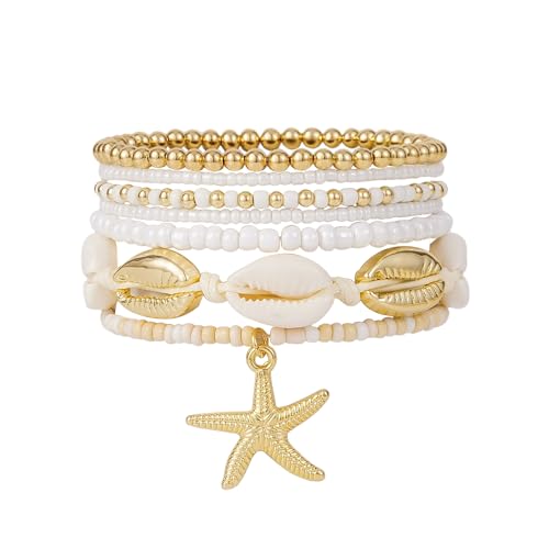 Shell Bracelet Seashell Boho Beaded Stretch Bracelets for Women Summer Beach Bracelets Starfish Charm Bracelet Stackable Gold Plated Bracelets Set for Women - color: d-white