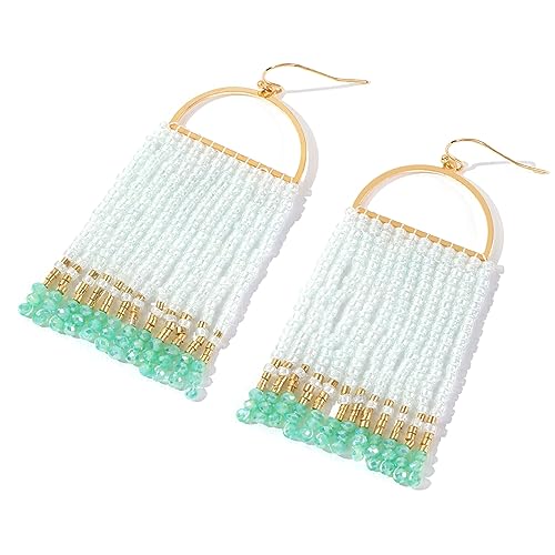Bohemia Beaded Dangle Earrings - Handmade Seed Bead Earrings, Statement Beaded Tassel Earrings for Women - color: MINT GREEN