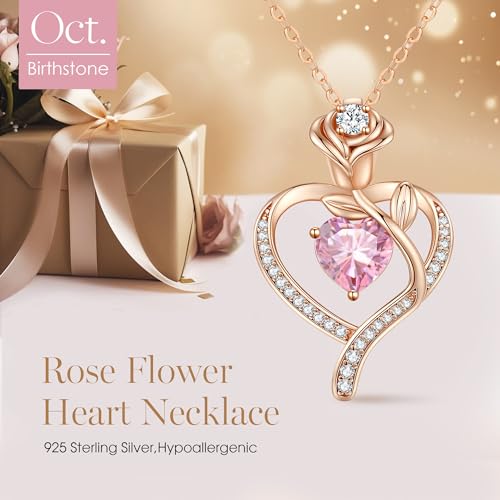 LOUISA SECRET Rose Flower Heart Birthstone Necklaces for Women, 925 Sterling Silver Jewelry, Pendant Heart Necklaces Birthday Anniversary Christmas Gift for Women Wife Mom Girlfriend Lady - color: Rose Gold-10-Oct