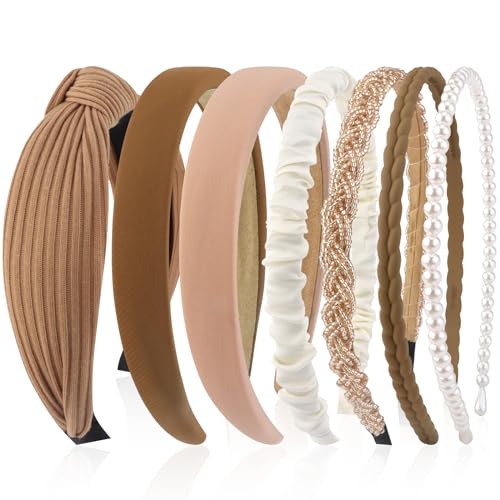 VELSCRUN 7 Pcs Different Headbands for Women Fashion Brown Knotted Solid Head Bands Pearl Headband Non Slip Hair Band for Womens Thin Thick Short Hair Face Wash Hair Accessories Gifts for Women Gilrs - color: Brown