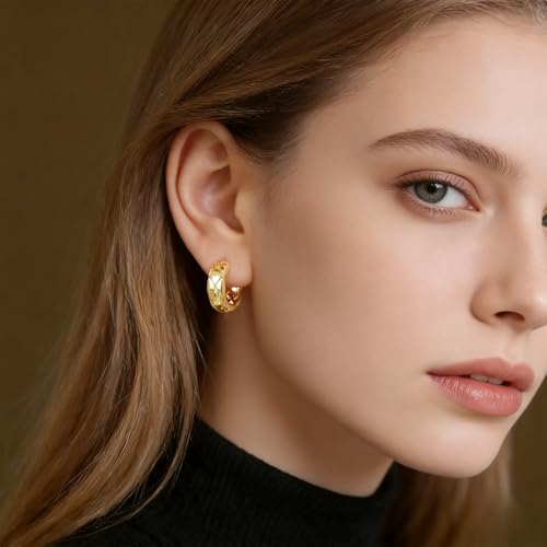 Small Chunky Huggie Hoop Earrings for Women - 18K Gold Plated Boho Ethnic, Hypoallergenic Dainty Vintage Gifts for Women - color: Diamond pattern