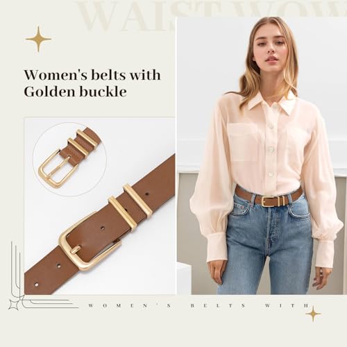 3 Pack Women's Belts for Jeans Pants Dresses Fashion Ladies Leather Waist Belt with Buckle Leather Belts - color: Black+brown+white(gold), size: Fit Waist Size 42-46in
