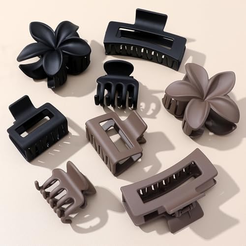 8 Pcs Neutral Matte Hair Claw Clips Set, Strong Hold Non-Slip Jaw Clips for Women Girls, Rectangle & Flower Design Hair Clips for Thick/Thin Hair, Daily & Styling Accessories（Black） - color: Black