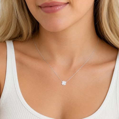 Dainty Gold Necklaces for Women Trendy Non Tarnish 14K Gold Plated Cubic Zirconia Necklace Layered Simple Cute Four Leaf Clover Choker Jewelry Birthday Gifts - color: Silver, style: Glossy-2