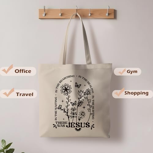 Jesus Tote Bag, Christian Tote Bags for Women, Religious Reusable Grocery Bags - color: Khaki Floral