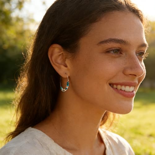 Natural Stone Beaded Hoop Earrings for Women, Boho Handmade Lightweight Hypoallergenic Trendy Summer Beach Accessories Fashion Jewelry Gift - color: Turquoise