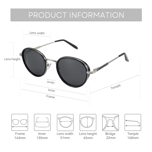 ZENOTTIC Retro Round Polarized Steampunk Sunglasses for Men Women-Circle Vintage Design Metal Frame UV400 Shades - color: C03 Silver Frame Grey Lens