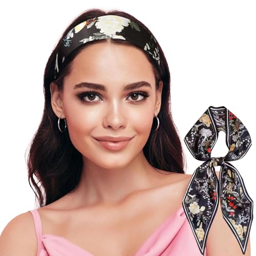 Sumolux Head Hair Scarf for Women Neck Purse Bag Handbags Scarf Like Silk - color: Black Colorful Flowers