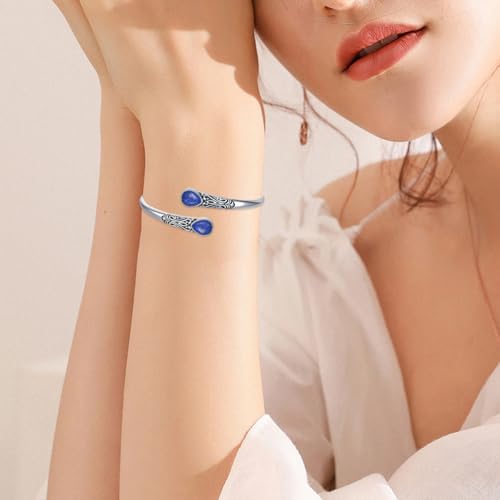 925 Sterling Silver Genuine Gemstone Bracelet for Women Men Handmade Adjustable Boho Navajo Style Bangle Cuff Natural Stone Jewelry Gift - color: Lapis Lazuli