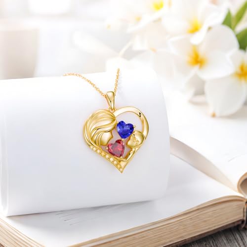 Mothers Day Gifts 14K Yellow Gold Mother Daughter Heart Pendant Necklace with 12 Months Birthstone Birthday Gifts for Mom Anniversarry Jewelry for Mom Wife Girlfriend - color: 01-09-Jan-Sept Birthstone