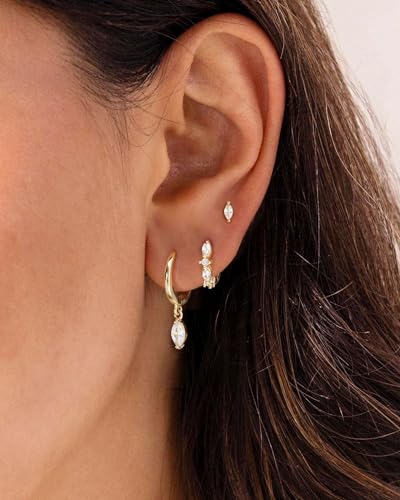 3 Pairs Small Earring Stacks, 14K Gold/Silver/Black/Rose Gold Plated Pearl Heart Butterfly Star Diamond Charm Drop Huggie Earrings Trendy Jewelry Gift for Women - color: Gold-Marquise