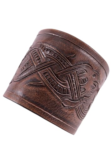 Ulfberth - Pair of Genuine Leather Bracers with Embossed Dragon Motif in Jelling Style - Viking Wristband - color: Dark Brown