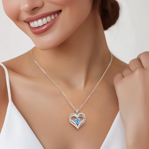 CDE Engraved Forever Love Heart Birthstone Necklace Jewelry Gifts for Women | Hypoallergenic,Nickel-Free & Lead-Free,3 x 3 mm 5A CZ Heart Pendant,Anniversary Christmas Birthday Gift for Girlfriend Wife - color: Birthstone-03-Mar, style: Rhodium Plated-Bra