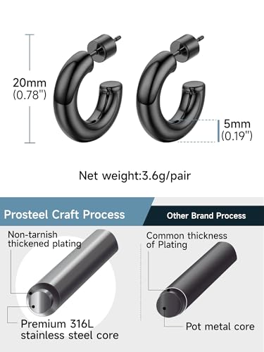 Stainless Steel Chunky Hoop Earrings For Women, Minimalist and Chic, Black/Gold Plated, Round Hoops Earrings Hypoallergenic, Size: 30mm/40mm/60mm/80mm, Come with Box - color: 2. Black, size: 20MM