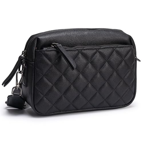 Alldaily Small Triple Zip Crossbody Purse for Women, Vegan Leather Phone Bag with Wide Shoulder Strap - color: Quilted Black