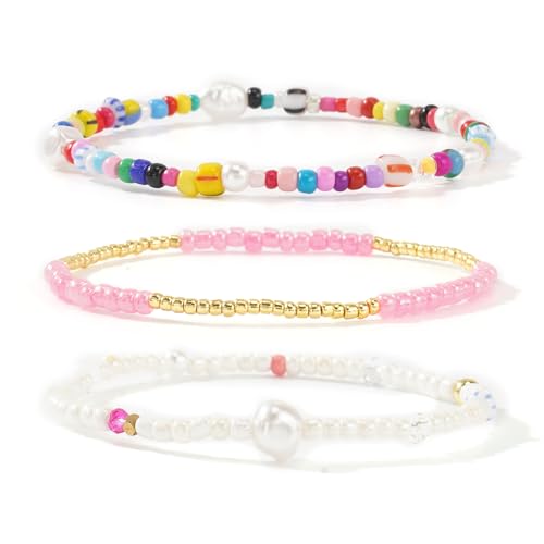 Dainty Gold Plated Tiny Ball Colorful Beaded Stack Bracelets Sets for Women,3Pcs Stackable Cute Bracelet Stretch Trendy Ball Jewelry Friendship Gift - color: pearl