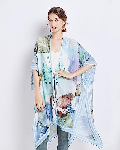 Kimonos for Women Casual Swimsuit Coverup Lightweight Boho Kimono Cardigans for Summer - color: Blue Big Leaves
