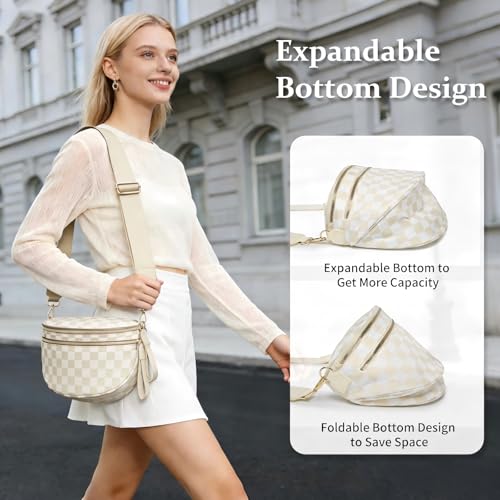 Checkered Crossbody Bag for Women Bum Bag Spacious Nylon Fanny Packs Cross Body Shoulder Purses Bag Handbags - color: Beige Checkered