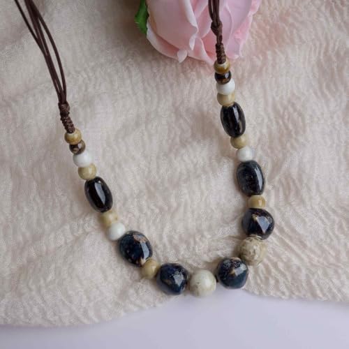 Boho Round Colorful Ceramic Beaded Necklace, Adjustable Hippie Statement Necklace, Handmade Ethnic Jewelry Gift for Women - color: Brown and Beige
