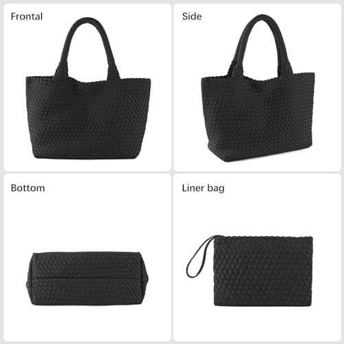 Woven Bag for Women, Large Neoprene Tote Bag Summer Beach Handbag Purse Retro Handmade Travel Shoulder Bag Set - color: Black