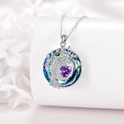POPLYKE Mothers Day Gifts for Mom Her Wife Tree of Life Necklace 925 Sterling Silver Birthstone Pendant with Crystal Anniversary Birthday Wedding Jewelry for Women - color: 02-Feb-Amethyst, style: White Gold Plated-Blue Crystal