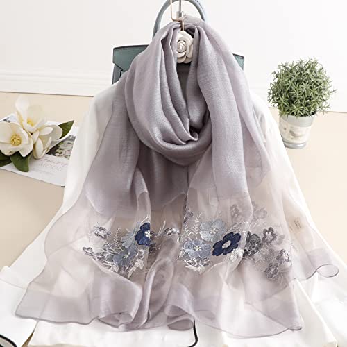 Jeelow Silk Blend Floral Fashion Scarf Shawl Wrap Lightweight Sheer For Women Floral Embroidery Wedding Party Prom - color: Petal Misty Grey