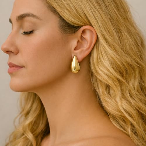 14K Gold Clip On Earrings Women,Teardrop Chunky Detachable Hoop Clip-On Earrings for Non Pierced Ears Hypoallergenic Lightweight Earring Clips - color: Gold