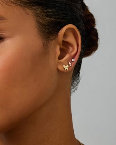 PAVOI 14K Gold Plated Dainty Flat Back Earrings for Women - Hypoallergenic Sterling Silver Posts Helix Cartilage Piercing Jewelry - Emoji Motif Bow Celestial Flatback Gold Stud Earrings Screw Back - style: Bow & Pearl Trio Set