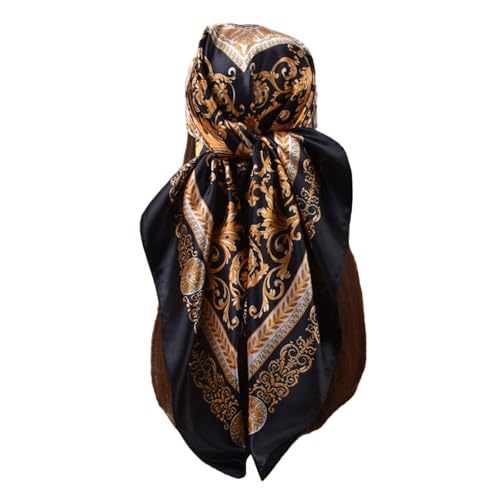 35” Satin Large Square Head Scarves-Like Silk Satin Scarf for Hair Wrapping at Night Bandana Square Scarf for Sleeping - color: Four Square Coins-black