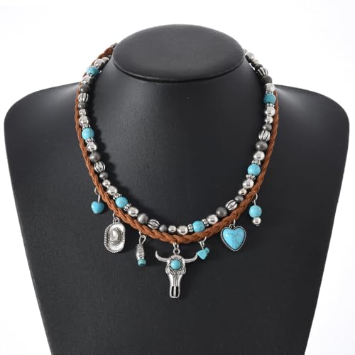 ONLYJUMP Boho Turquoise Leather Choker Necklace for Women Bohemian Handmade Leaf Layered Black Brown Suede Western Cowlady Necklace Western Country Party Jewelry Gifts - style: Ox heart