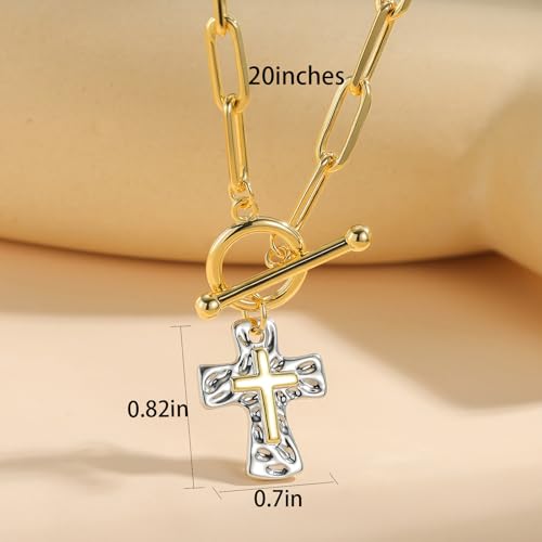 Chunky Cross Necklace for Women, 14K Gold/Silver Plated Statement Paperclip Chain Double Cross Pendant Necklaces Non Tarnish for Faith Religious Christian Jewelry Gifts - color: Silver2