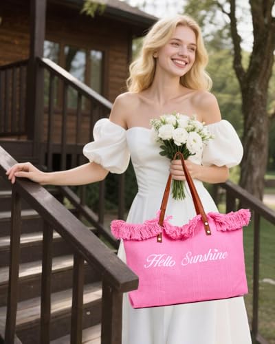 Personalized Embroidered Bridesmaid Tote Bag, Custom Large Women Vaction Travel - color: Pink - Hello Sunshine