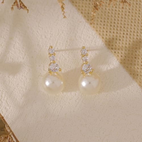 Pearl Earrings for Women, Dainty Wedding Bridal Earrings 14k Gold Plated CZ Pearl Drop Earrings for Women Trendy Hypoallergenic Unique Gold Drop Earrings Fashion Prom Jewelry - color: Gold-G
