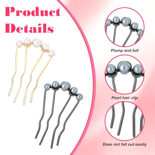 2 Pcs Pearl Hair Pins for Buns, Metal U Shaped Hair Fork Vintage French Twist Hair Side Combs for Women Girls Hair Styling Accessories for Wedding Party Holiday Daily