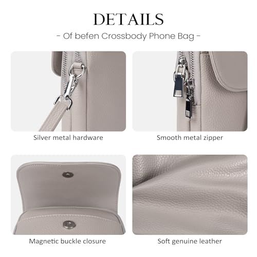 befen Genuine Leather Small Crossbody Bags for Women, Multi Pocket Cell Phone Crossbody Purse with RFID Blocking Card Slots - color: Beige Grey
