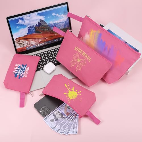 10 Pieces Cotton Canvas Makeup Bag with Bottom and Strap, Multi-Purpose Cosmetic Bag with Zipper Travel Toiletry Pouch, Blank DIY Craft Bag (Hot Pink, L) - color: Hot Pink, size: L