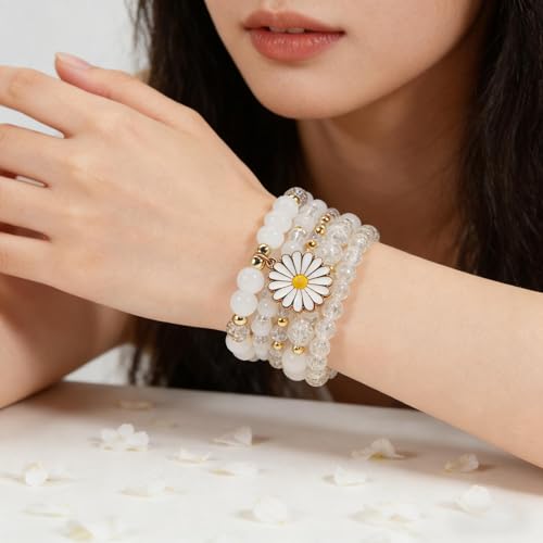 coadipress 5Pcs Bohemian Flower Stackable Bead Bracelets for Women Multilayer Crystal Glass Beaded Charm Bangles Bracelet Boho Summer Beach Hawaii Holiday Statement Jewelry - color: White