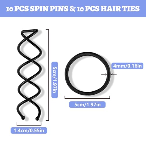 Teenitor 20PCS Spiral Hair Pins, Spin Pins for Bun, Spiral Bobby Pins Hair Bun Accessories, Hair Bun Maker for Women Girls with 10 Hair Ties, Black - color: Black