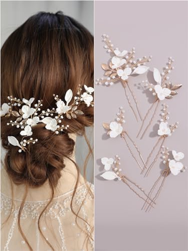 Beads Pearl Hair Pins, 6 Pcs Bridal Handmade White 3D Pinch Flower Fairy Bride Wedding Hair Pieces Leaf U Shaped Hair Accessories Headpiece Bridesmaids Women Girls Gold - color: Gold / Beads White Flower