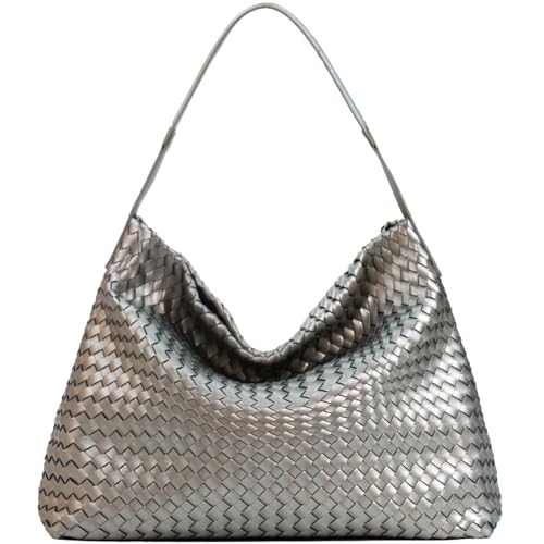 JINMANXUE Women Boston Bag, Woven Hobo Tote Handbag and Purses, Female Satchel Messenger Bags, Fashion Shoulder Crossbody Bag - color: Silvery Gray