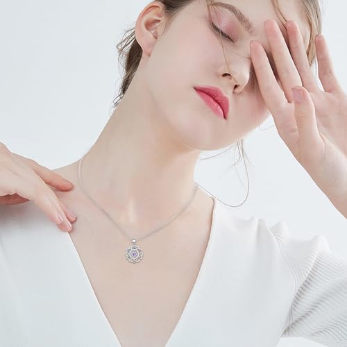 Lotus Necklace 925 Sterling Silver Chakra Flower Pendant Necklace 7 Colorful Rainbow Yoga Lotus Jewelry for Women Wife Mother's Day Birthday Valentines Gifts