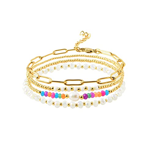 Dainty Gold Plated Pearl Crystal Beaded Bracelets Set for Women 14K Gold Plated Bead Pearl Beads Bracelet Stackable Paperclip Link Chain Bracelets Gold Plated Bracelets for Women Trendy Jewelry - color: Style1