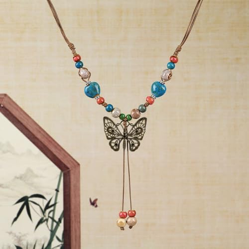 Boho Style Colorful Ceramic Bead Strand Necklace Adjustable Bohemian Jewelry Gift for Women, Fashion Clothing Matching Necklace - color: Multi