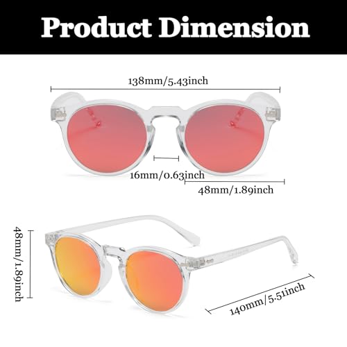 LJCZKA Round Polarized Sunglasses for Men Women Retro Small Face Sunglasses Polarized Vintage Sun Glasses UV400 Protection - color: Clear Red(mirrored)
