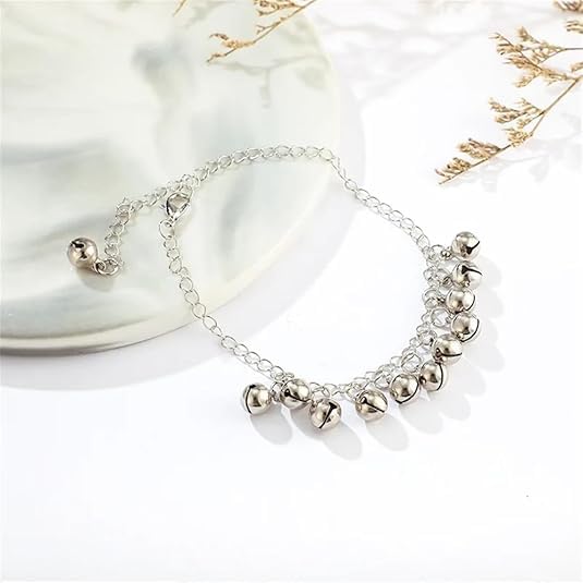 Boho Jingling Bell Tassel Anklet Bracelet for Women Vintage Silver Sounds Bells Beaded Adjustable Jingle Charm Ankle Foot Chain Indian Gypsy Barefoot Sandals Goth Hippie Anklets Feet Summer Beach Belly Dance Jewelry - color: silver