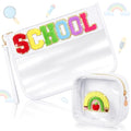 Hillban 2 Pcs Welcome Back to School Gift Bags Pencil Pouch Clear Case Chenille Letter Makeup Cosmetic Bags Toiletry Travel Purse First Day of School Waterproof PVC Organizer Storage for Women - style: Pencils Theme
