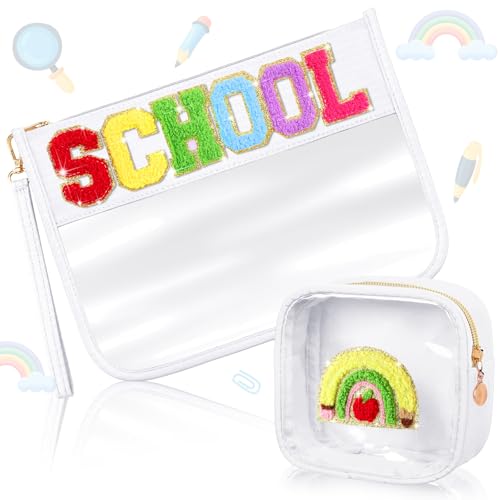 Hillban 2 Pcs Welcome Back to School Gift Bags Pencil Pouch Clear Case Chenille Letter Makeup Cosmetic Bags Toiletry Travel Purse First Day of School Waterproof PVC Organizer Storage for Women - style: Pencils Theme