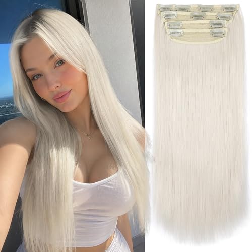 Synthetic Hair Extensions Platinum Blonde 20 Inch Full Head Ice Blonde Hair #60 Clip in Extensions 4 Pcs - color: 60# - Platinum Blonde
