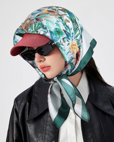 AWAYTR 27.5” Square Satin Head Scarf Hair Scarf for Women's Hair Silk Bandana for Women Silk Head Wrap for Sleeping - color: Flower (Dark Green)